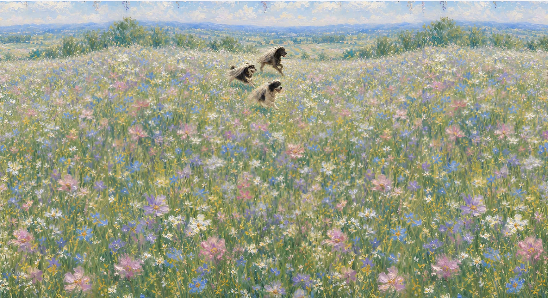 Ilustración de Fiora, Kuka y Lola corriendo en un campo de flores