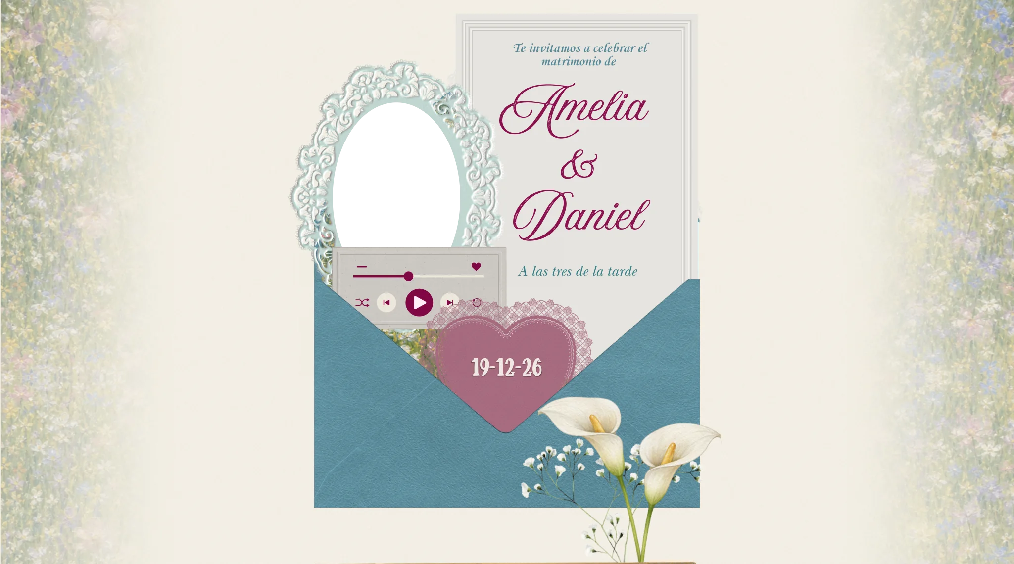 Te invitamos a celebrar el matrimonio de Amelia y Daniel. A las tres de la tarde. 19-12-26