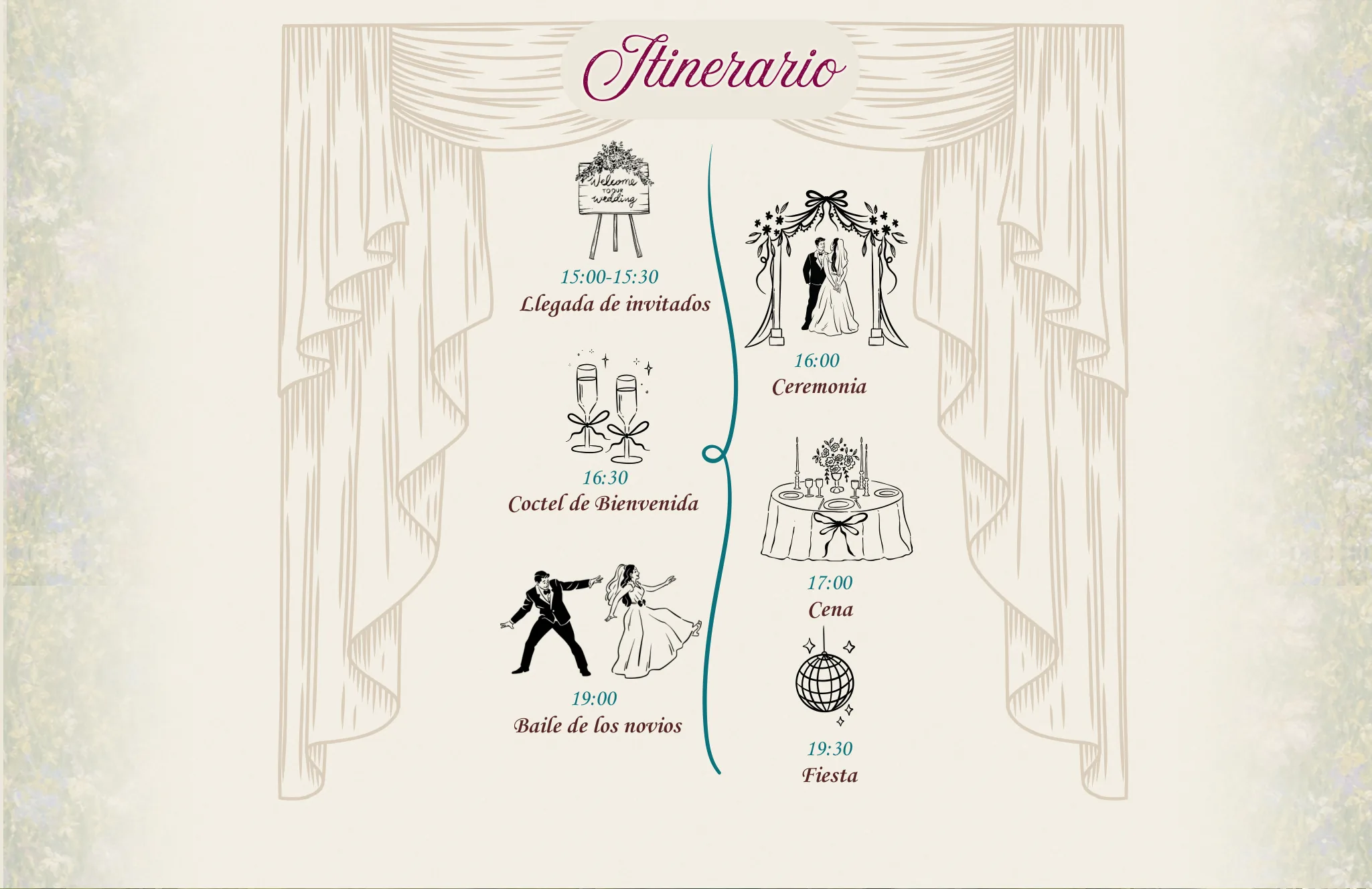 Itinerario: 15:00 a 15:30 llegada de invitados; 16:00 ceremonia; 16:30 cóctel de bienvenida; 17:00 cena; 19:00 baile de los novios; 19:30 fiesta.